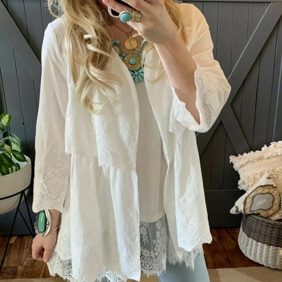 Last Two! Eyelet Lace Kimono Duster Jacket Top - Picture 2 of 8